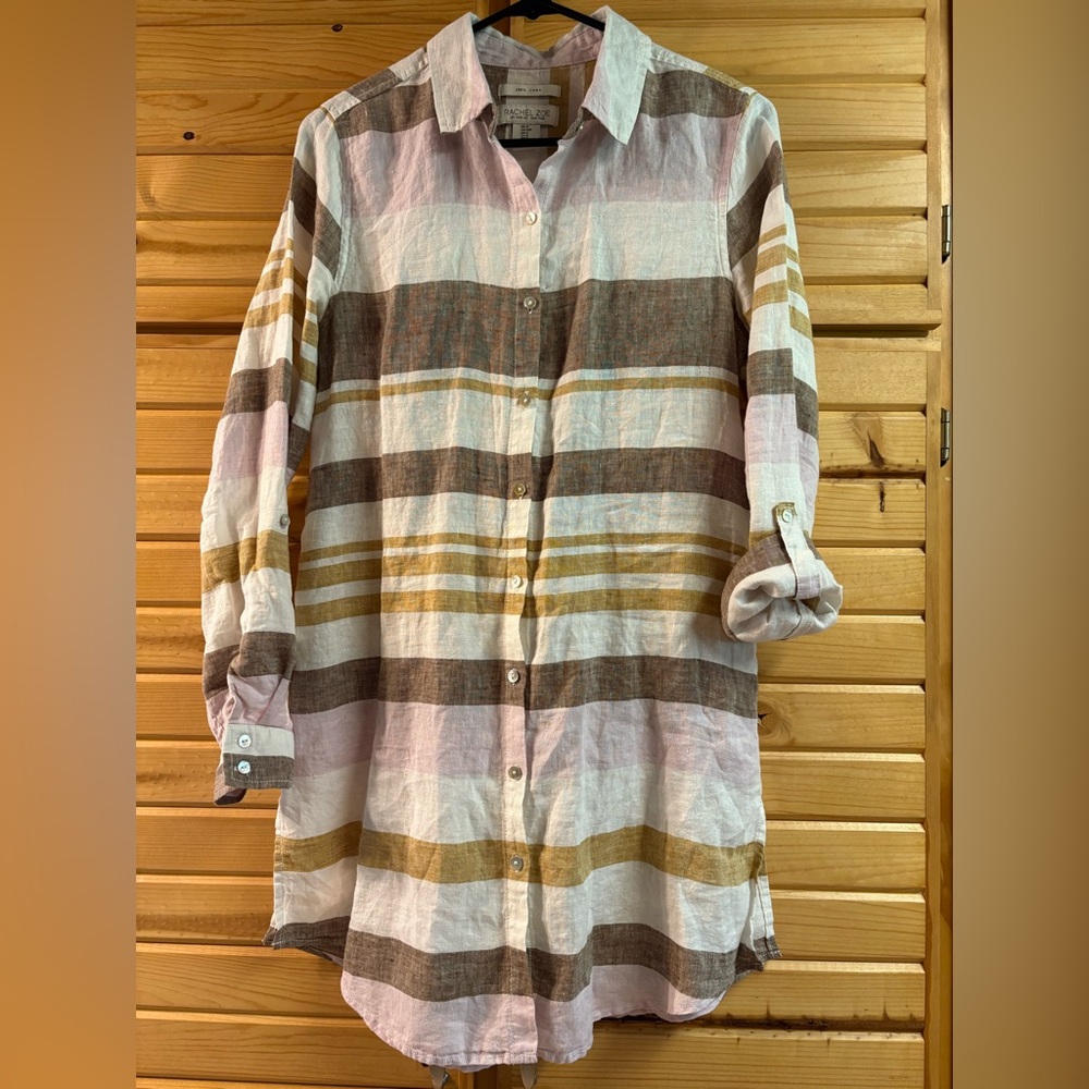 Rachel Zoe Linen Button Down Shirt With Adjustable Sleeves, Size S